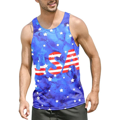 Men's summer graphic tank top with USA flag design and star pattern in blue tones