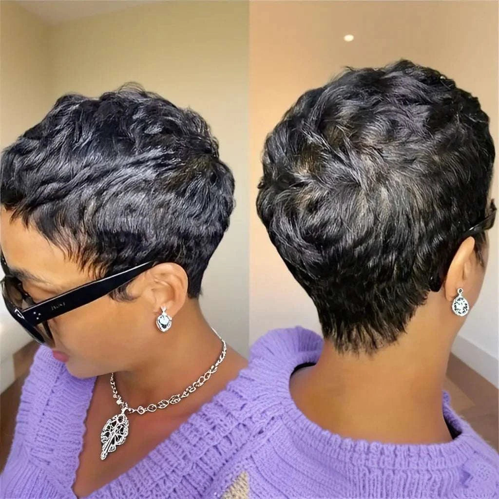 Short pixie cut wig with bangs made of 180 density curly human remy hair for women