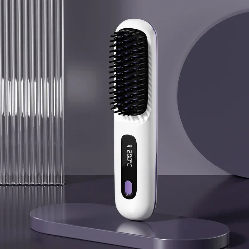 Electric Professional Negative Ion Hair Straightener Brush 2 In 1 Curling Comb Hair Curling Tool Straight Brush  USB Charging