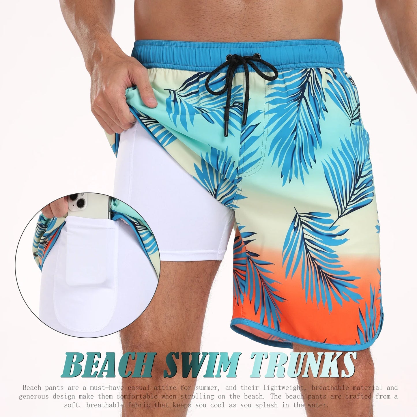 Men's summer beach short pants with tropical leaf print, loose fit, and inner pocket for phone.