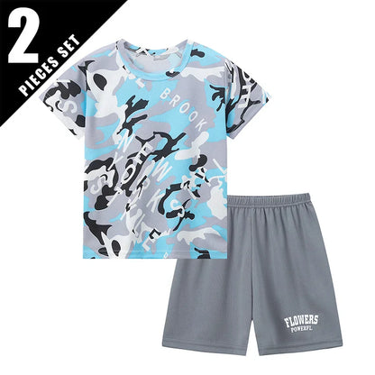Kids summer 2 piece set with blue camo t-shirt and gray shorts