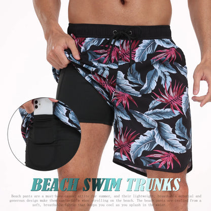 Men's Summer Beach Short Pants with floral design and inner compression shorts for comfort and support
