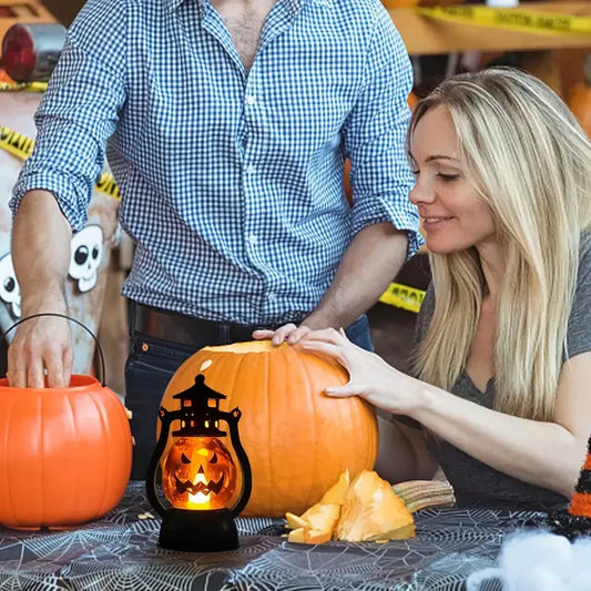 Halloween LED lights with jack-o-lantern decorations on table for spooky home decor