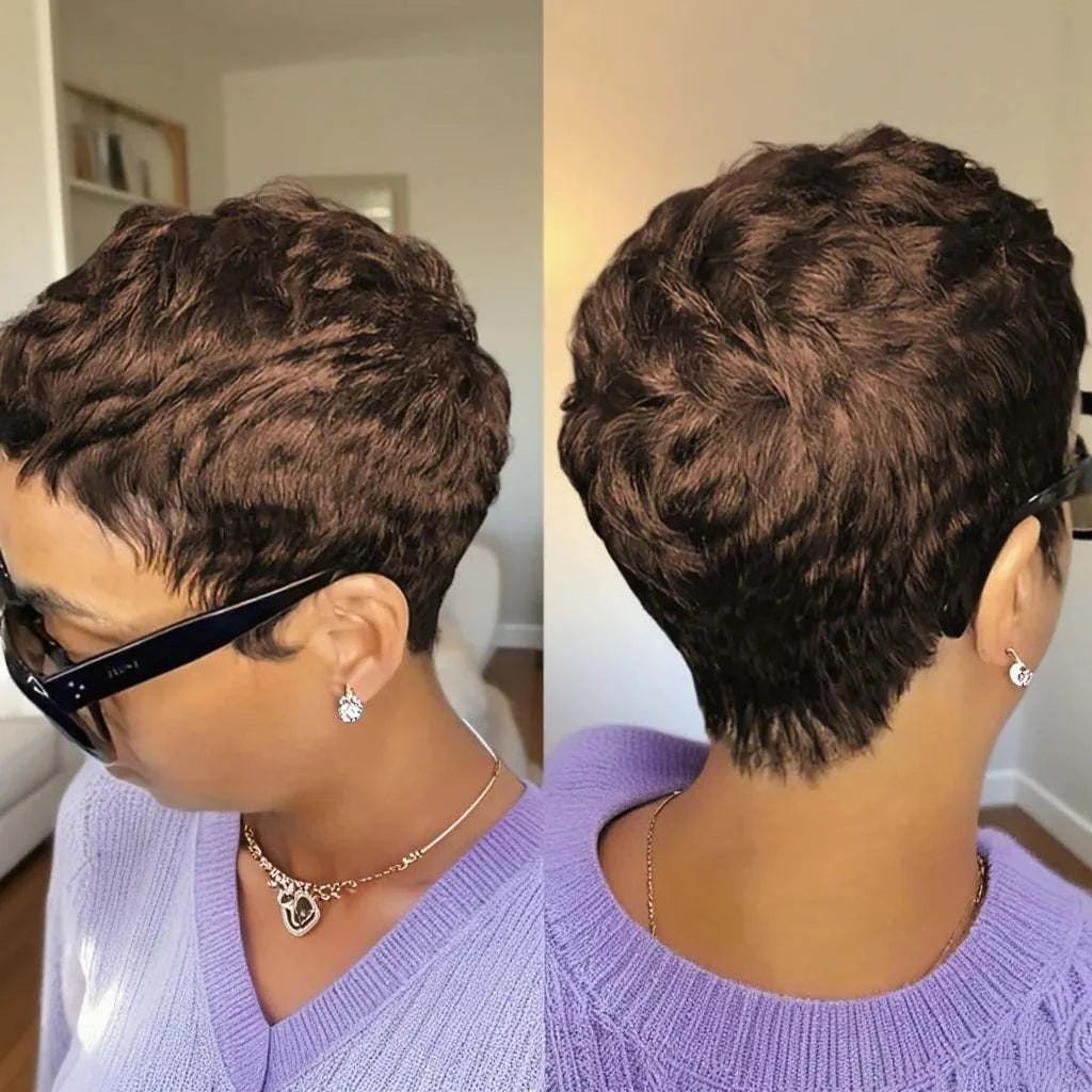 Short pixie cut wig with bangs made from 180 density human Remy hair, curly texture, machine made for women