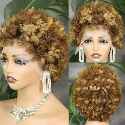 Short 4C hairline afro curly bob wig with natural edges and transparent lace frontal