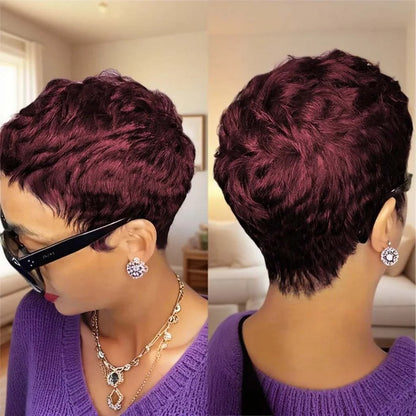 Short pixie cut human hair wig with bangs and 180 density curly texture