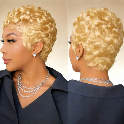 Short pixie cut Remy human hair wig with curly waves and natural hairline