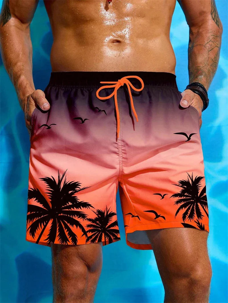Men's summer swim trunks with palm tree and sunset design for beach and pool activities