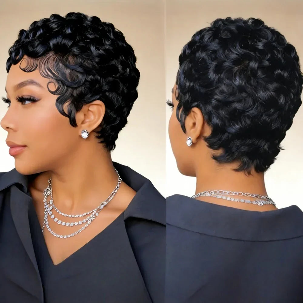 Short pixie cut Remy human hair wig with curly wave texture and natural finish