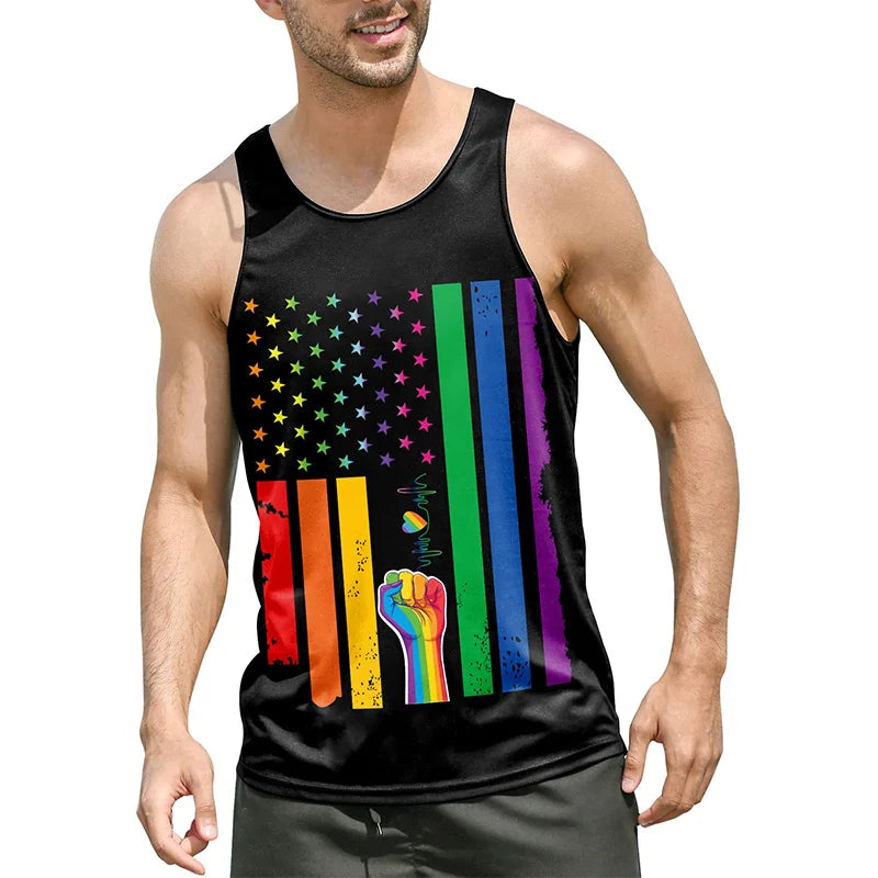 Men’s summer graphic tank top black with rainbow pride flag and fist design