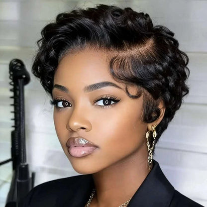 Curly pixie cut 13x4 lace frontal human hair wig short layered style