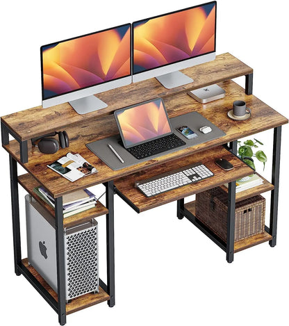 Computer Desk with Keyboard Tray, 47 Inch Office Monitor Stand and Storage Shelves, Music Studio Workstation, Work Table