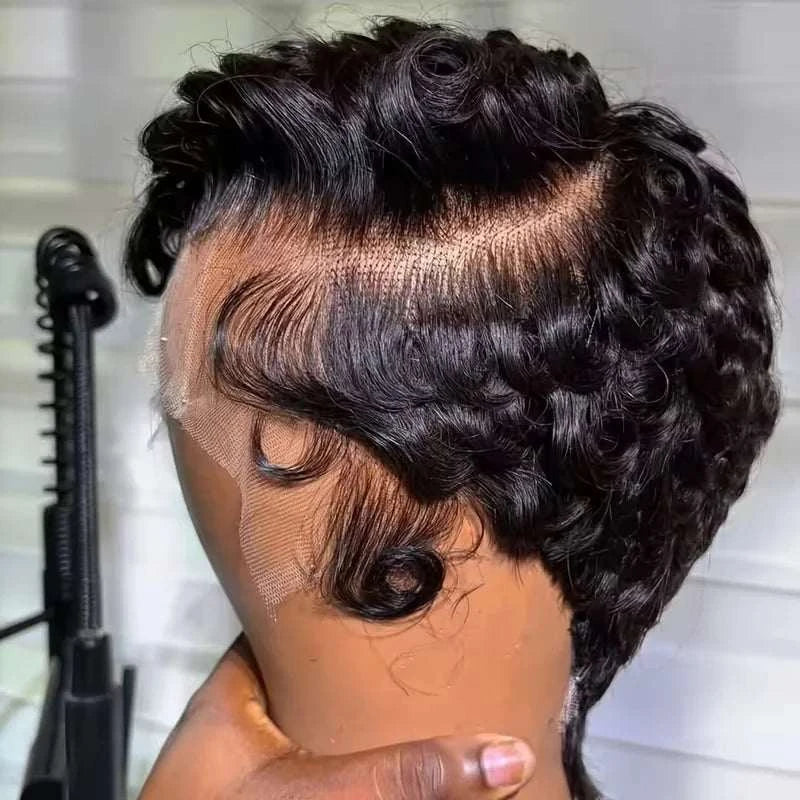 Curly pixie cut 13x4 lace frontal human hair wig short layered style for women