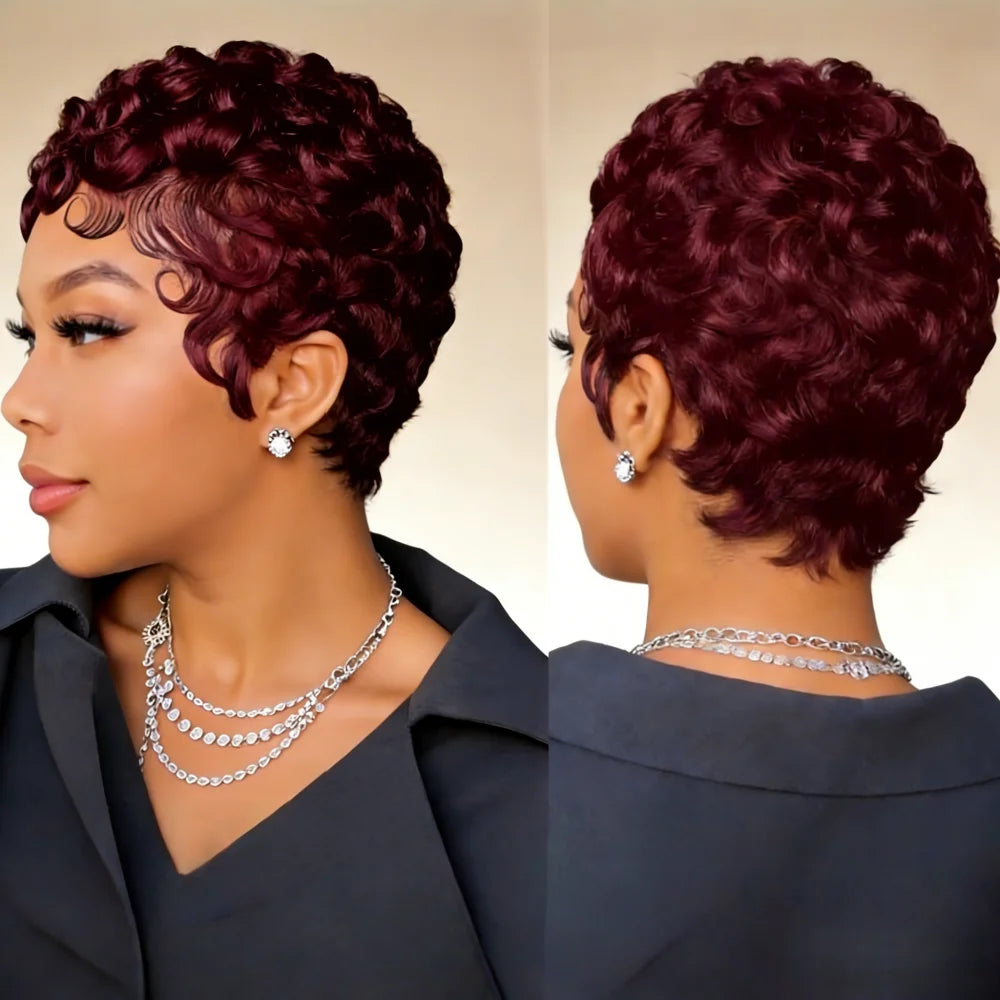 Remy human hair pixie curly wave wig with natural hairline and breathable cap design