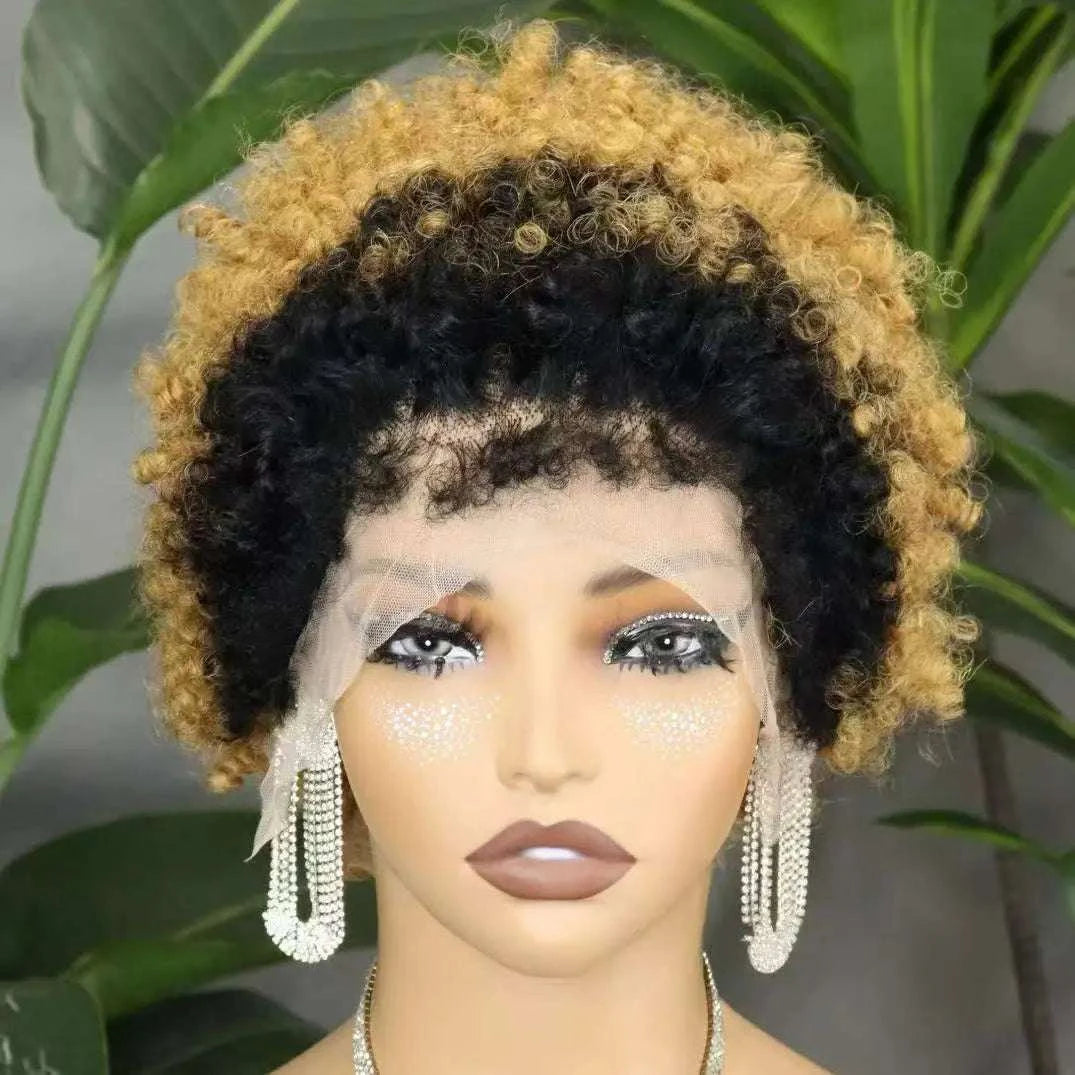 Short 4C hairline afro curly bob wig with transparent lace frontal and natural kinky curls