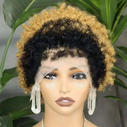 Short 4C hairline afro curly bob wig with transparent lace frontal and natural kinky curls