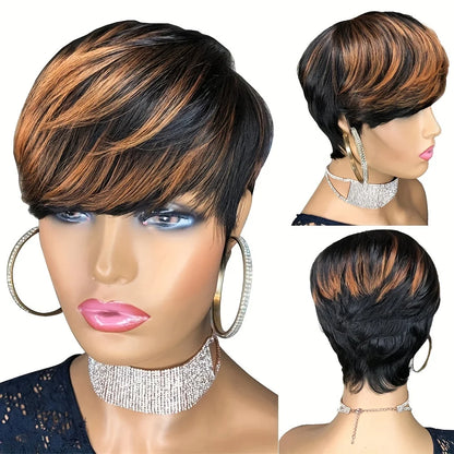 6inch 1b30 color machine made wig pixie wig pixie cut short straight human hair wigs 150% density remy hair for women