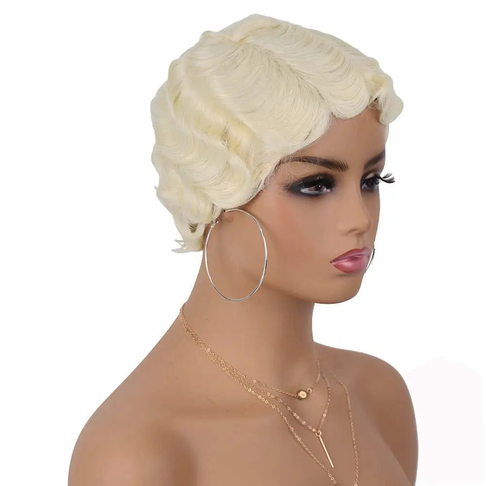 Synthetic Finger Wave Wig Short Curly Wigs for Women 1920s Cosplay Halloween Party Daily Use