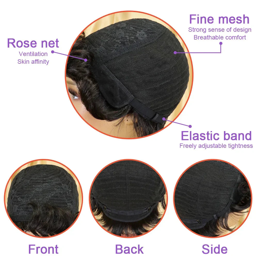 Short curly pixie Remy human hair wig with natural-looking hairline and breathable cap