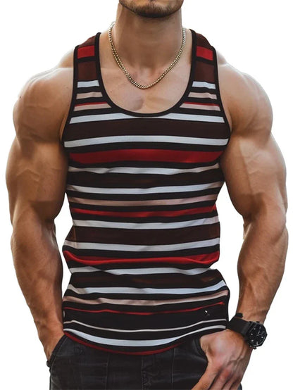 muscular man wearing striped graphic tank top for men with black, red, and gray horizontal lines