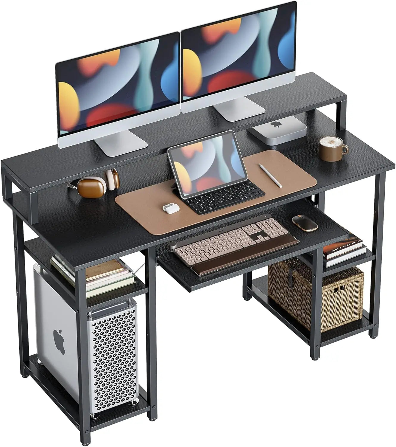 Computer Desk with Keyboard Tray, 47 Inch Office Monitor Stand and Storage Shelves, Music Studio Workstation, Work Table