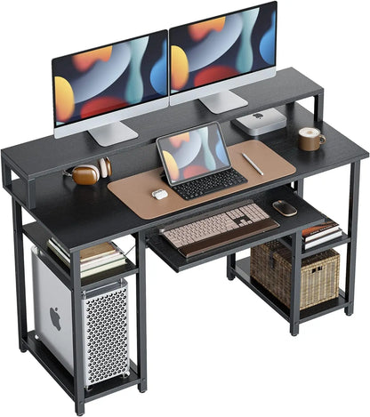 Computer Desk with Keyboard Tray, 47 Inch Office Monitor Stand and Storage Shelves, Music Studio Workstation, Work Table